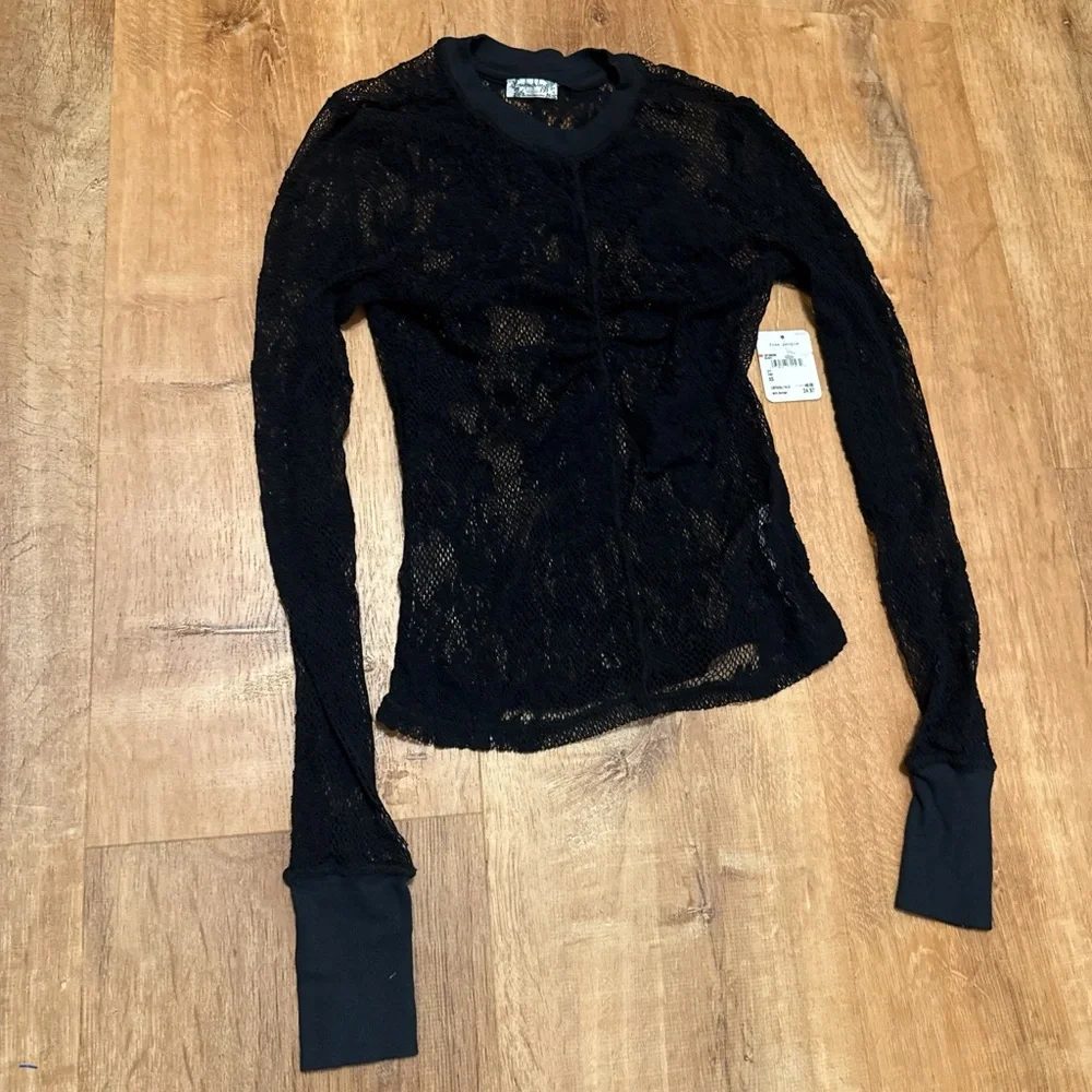 Free People Black Long Sleeve Sheer Knit Top